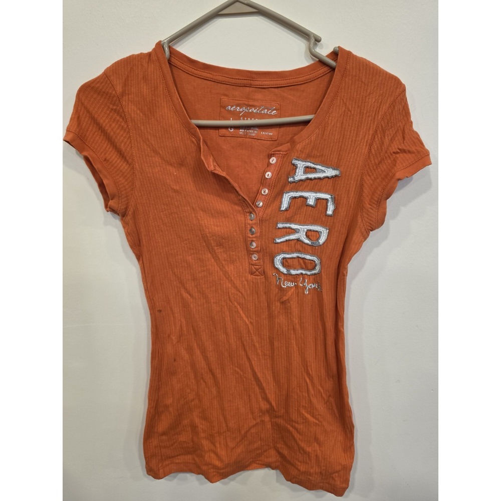 VTG Y2K Aeropostale Henley Longline Orange Baby Tee Spellout Ribbed Top Sz L Y2K